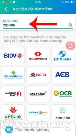 Nhập số tiền muốn nạp